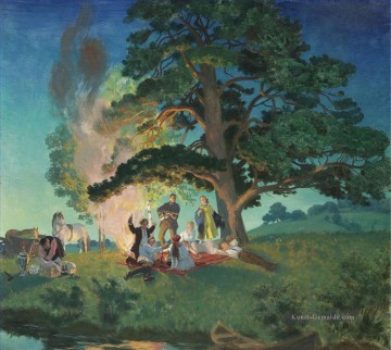  Mikhailovich Malerei - PICNIC Boris Mikhailovich Kustodiev Wälder Bäume Landschaft